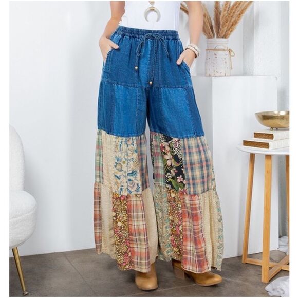 Western Floral Print Patchwork Denim Wide leg Pants - Picture 1 of 3